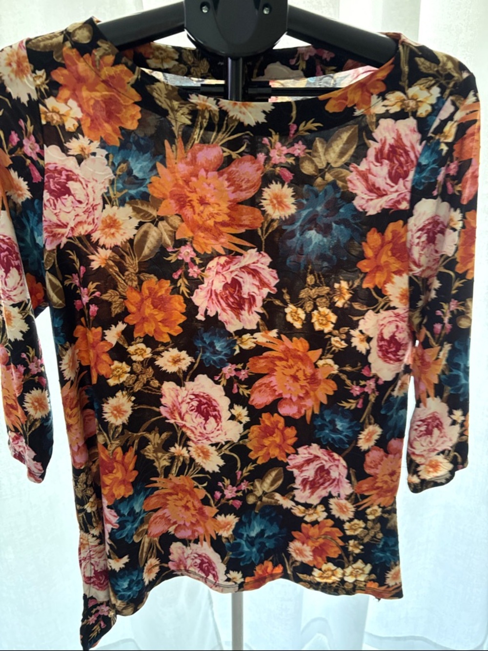 JM Collection Black Floral Scoop Neck Top with Orange, Blue & Pink Blooms